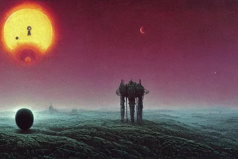 Prompt: a surreal and awe - inspiring science fiction landscape, skull moon in the sky looks like a skull, intricate, elegant, highly detailed colored sketch by beksinski and simon stalenhag