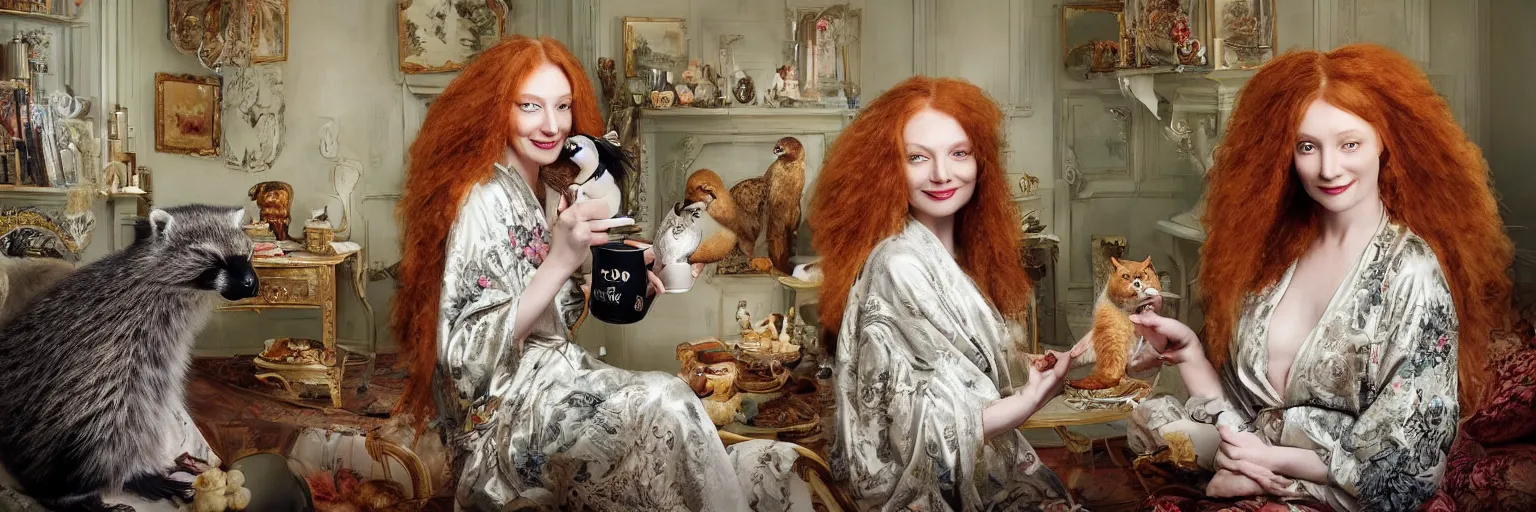 Prompt: a stunning hyper-detailed photorealistic painting of a solitary slender beautiful smiling woman with long ginger hair and bangs, wearing a luxurious silk robe, wearing headphones and posing with her large ginger tabby cat and her raccoon and parrots in an overstuffed easy chair in her sunlit victorian living room, holding a porcelain parrot-shaped coffee mug and a donut, perfect eyes, fashion photography, cinematic lighting, octane render, IBEX Masters, unreal engine, 85 mm lens,