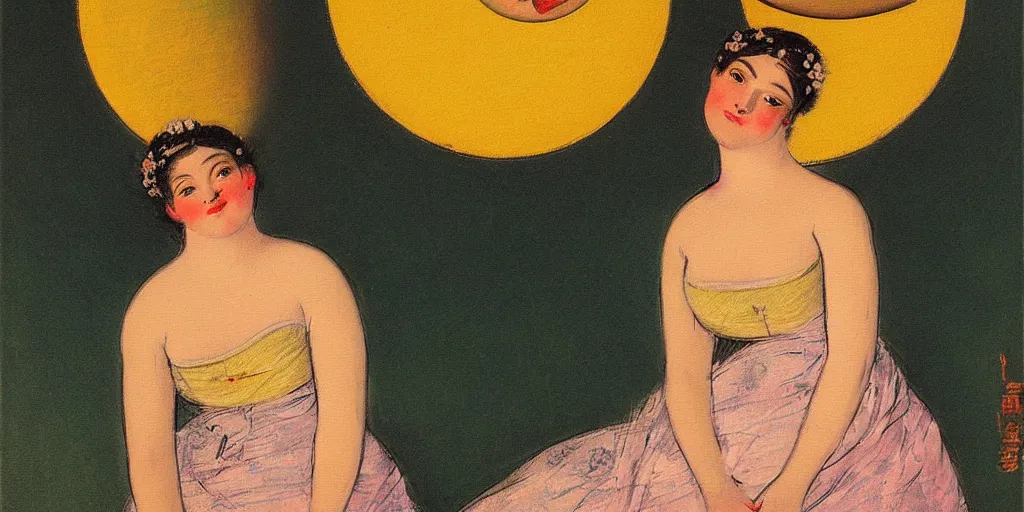 Prompt: vintage beautiful painting of a goddess in a pear shaped metallic skirt showing the sun and moon on a mountain night time in Mary Cassatt style