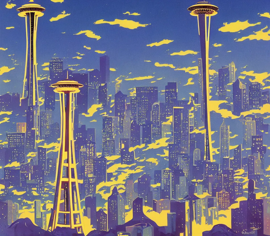 Image similar to angels over the seattle space needle, modernism, gouache, animated film, stylised, illustration, by eyvind earle, scott wills, genndy tartakovski, syd mead