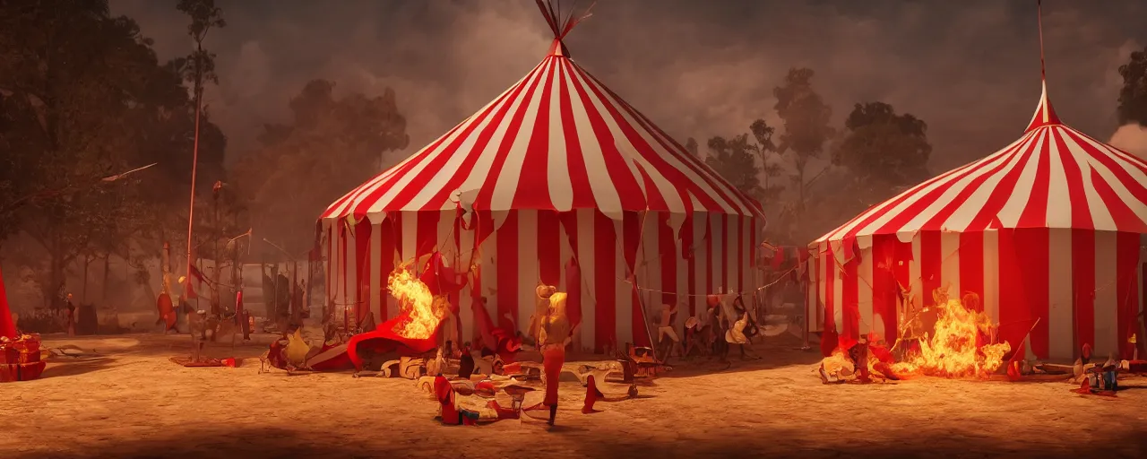 Image similar to red and white circus tent on fire, wide angle, matte painting, concept art, cgsociety, octane render, trending on artstation, artstationHD, artstationHQ, unreal engine, 4k, 8k