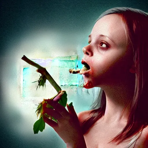 Image similar to young zombie christina ricci eating a clove of garlic, art by beeple