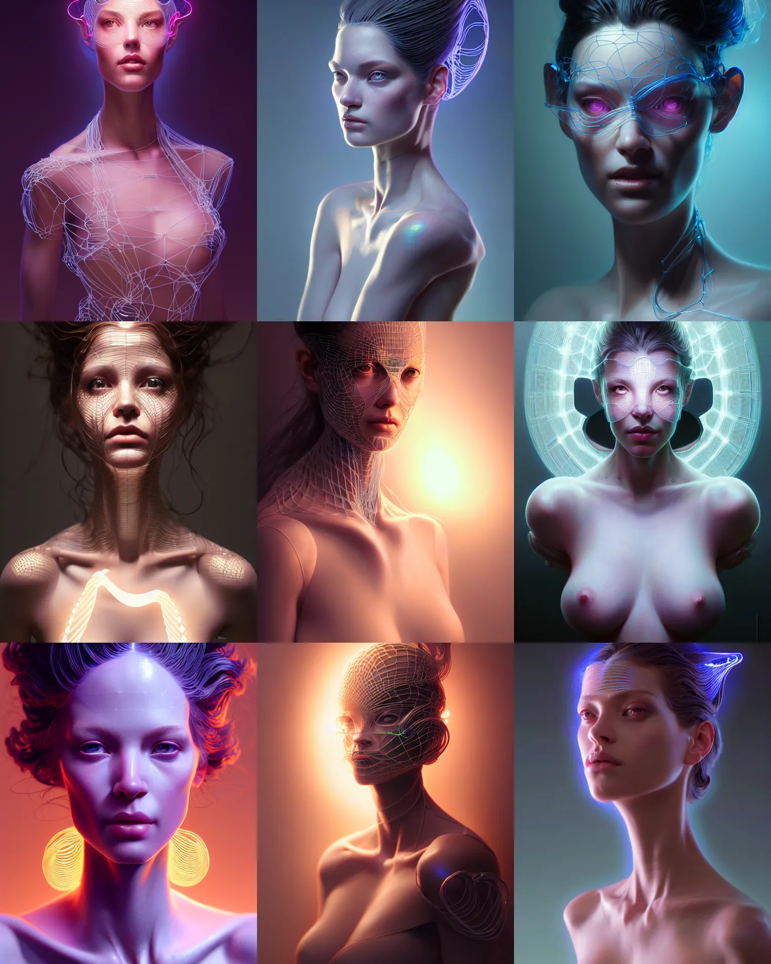 Prompt: beautiful young woman portrait, high poly 3 d glowing wireframe models, ultra realistic, dramatic lighting, intricate details, holographic artifacts, highly detailed by peter mohrbacher, boris vallejo, hajime sorayama, wayne barlowe, paolo eleuteri serpieri