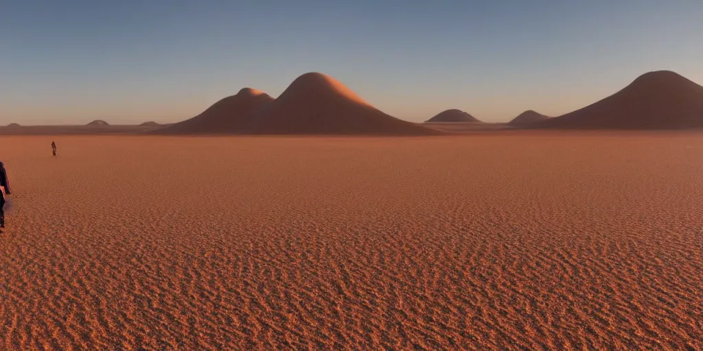 Image similar to of a photography of a man walking on desert , with blue light dark blue sky, long cloths red like silk, ants are big and they shine on the sunlight, there are sand mountains on the background, a very small oasis on the far distant background along with some watch towers, ants are perfect symmetric insects, man is with black skin, the man have a backpack, the man stands out on the image, the ants make a line on the dunes, the sun up on the sky is strong, the sky is blue and there are some clouds, its like a caravan of a man guiding dunes of the desert, colors are strong but calm, volumetric, detailed objects, Arabica style, wide view, 14mm,