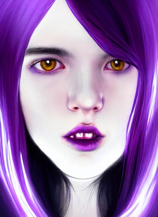 Image similar to hair whitebangs hair, black hair, blackbangswhitehair, portrait of teenage girl with white bangs, red irises, purple clothes, white bangs, bangs are different color from hair, intricate, elegant, glowing lights, highly detailed, digital painting, artstation, concept art, sharp focus, illustration, art by wlop, mars ravelo and greg rutkowski