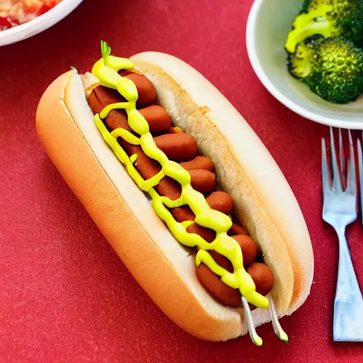 Image similar to commercial photo of a delicious hot dog, with baked beans, mustard, ketchup, broccoli and legos on top, detailed, uhd, 8k,