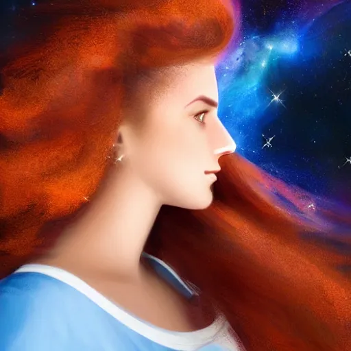 Image similar to Side profile portrait of attractive Greek celestial goddess with an aquiline nose looking down with a gentle smile. Her blue face is emerging from her big wavy orange hair with pink highlights. Her hair fills most of the image. Hubble space telescope image of nebula.