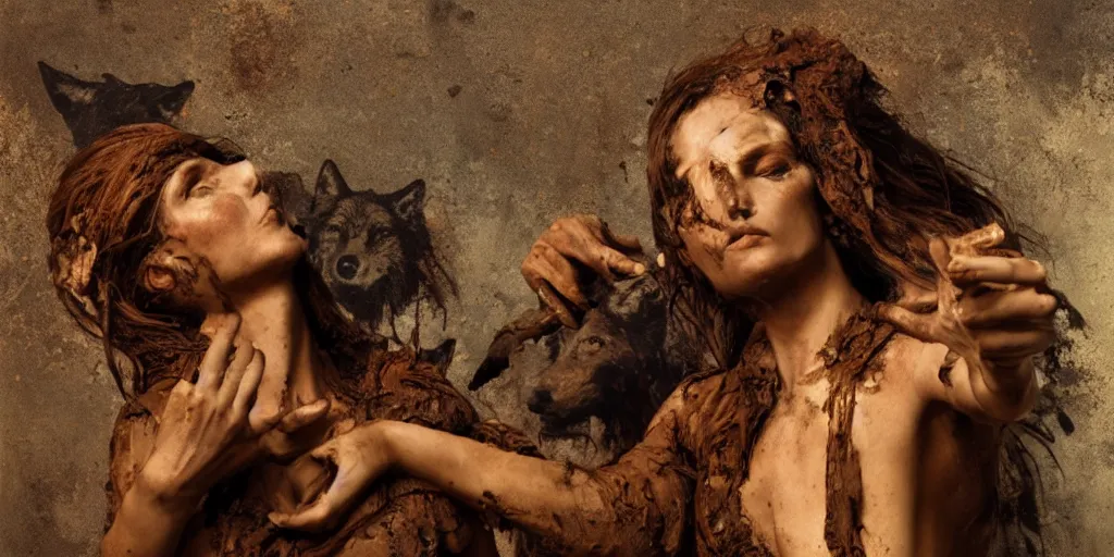 Image similar to highly detailed photography of a woman made of rust clay, surrounded by wolves, big rocks, hand gesture, dust particles, dramatic scene, aesthetic, dynamic lighting, masterpiece, by roberto ferri, blue background, high quality, spatula