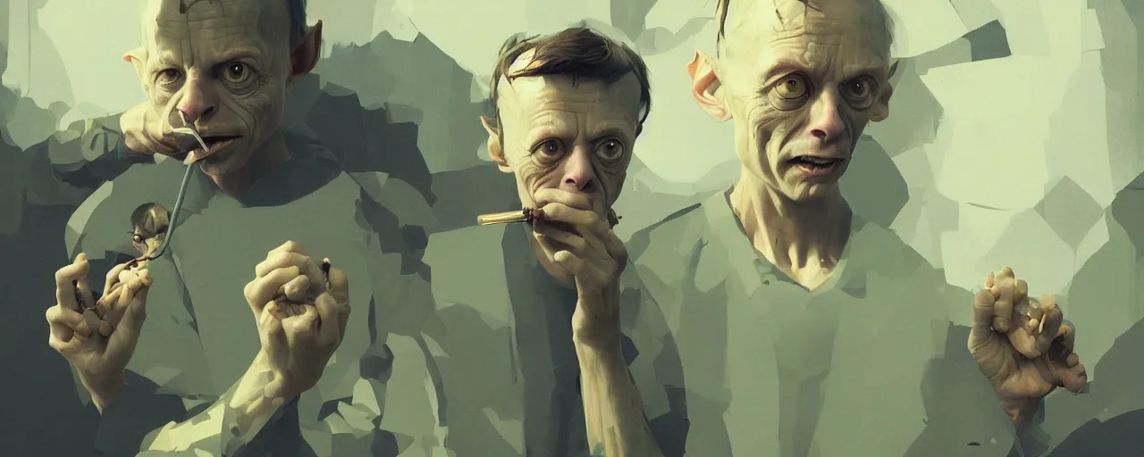 Image similar to duotone olive illustration 3 / 4 portrait of gollum smoking joints with elon musk composition accidental renaissance golden ratio. by sachin teng and sergey kolesov and ruan jia and heng z. graffiti art, scifi, fantasy, hyper detailed. octane render. concept art. trending on artstation