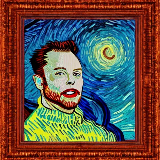 Prompt: a portrait of elon musk smiling in a turtle neck sweater in the style of vincent van gogh, artistic, colorful, vibrant, art, high fashion