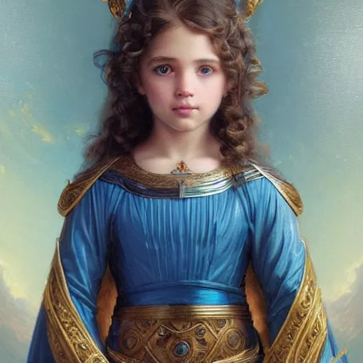 Prompt: a little girl with short wavy curly light brown hair and blue eyes, a space empress in byzantine style. beautiful highly detailed face, painting by artgerm and greg rutkowski and bouguereau.