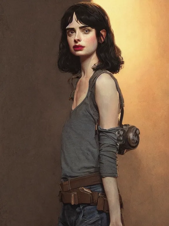 Prompt: old krysten ritter with grey hair as an actor from stranger things, intricate, highly detailed, digital painting, artstation, oppressive lighting, fashion concept art, sharp focus, illustration, art by greg rutkowski and alphonse mucha