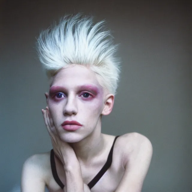 Image similar to a color photograph of a non binary model, platinum blonde, by nan goldin, intense, bold, hyperrealistic, ultra sharp, extra details, ultra high quality, trending on pinteresst