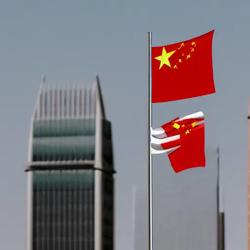 Image similar to a flag that is the combination of the Chinese and Saudi Arabian flags, flapping in the wind above a building