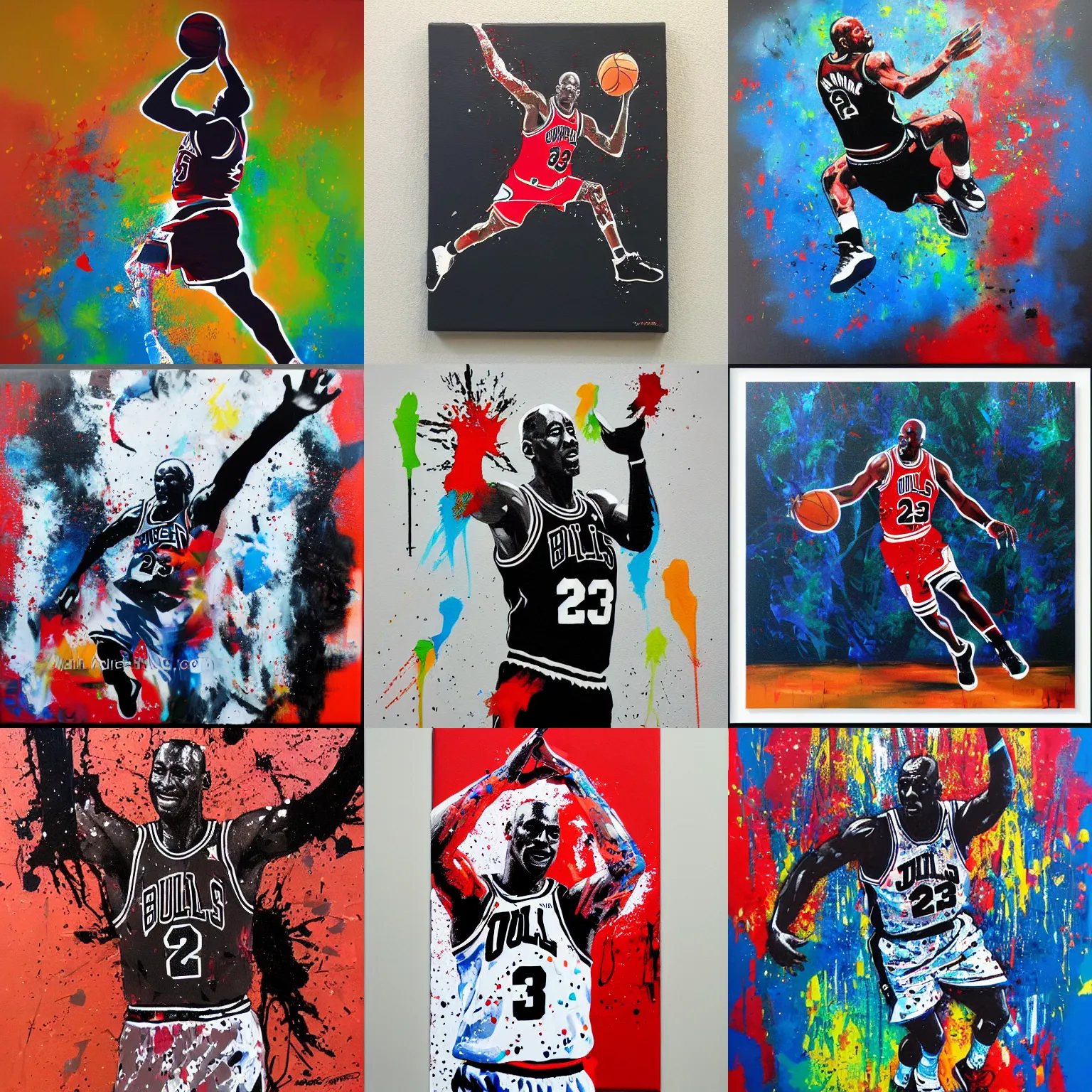 Prompt: micheal jordan one hand dunk, acrylic on canvas, splattered paint, black background, trending on artstation