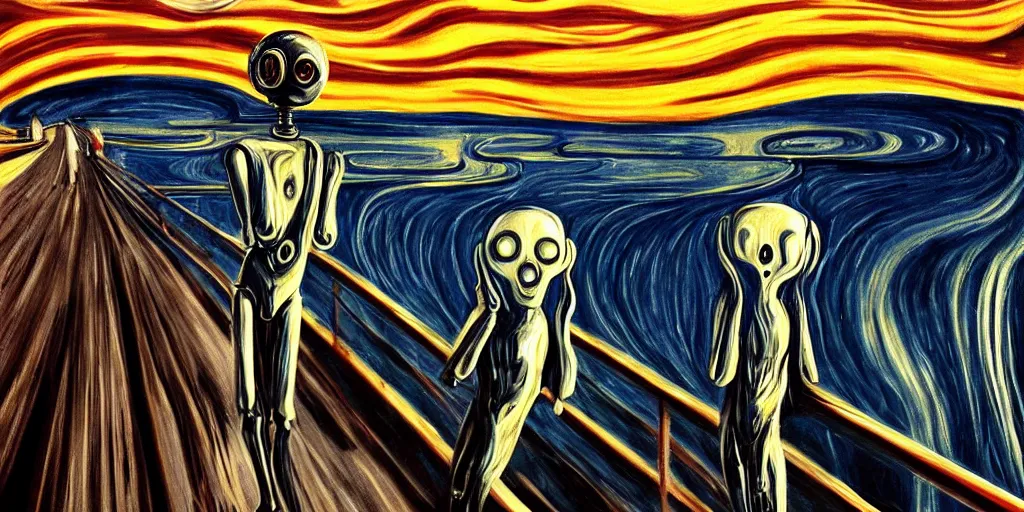 Image similar to realistic robot in The Scream painting inspired by Spaghettification, Mazarineee, artstation