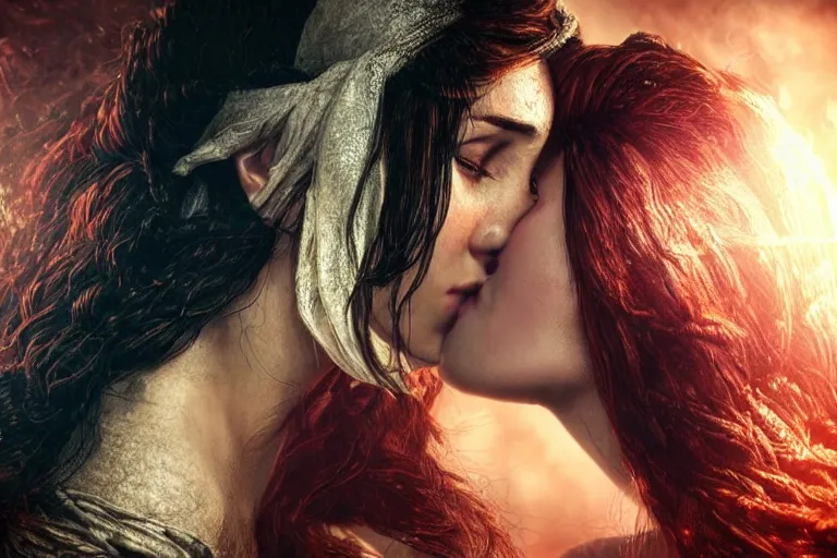 Prompt: yennefer of vengerberg kissing triss merigold. photo - realistic hd, hyperrealism, colourful, highly detailed, cinematic, luminescence, 3 2 k, dop, high contrast, intricate, mystery, epic, fantasy