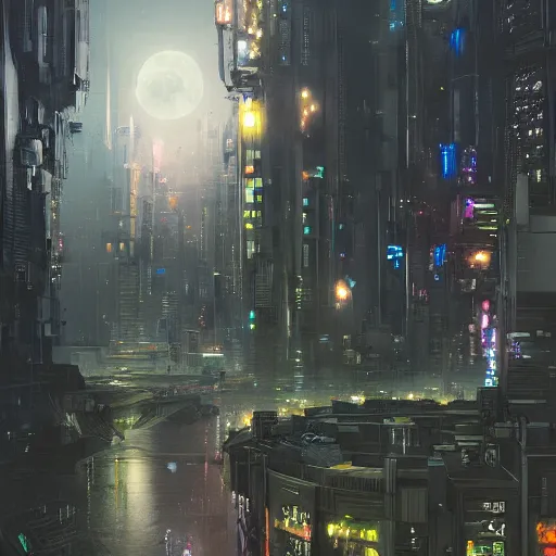 Prompt: cyberpunk city, moon, landscape, intricate, detailed, volumetric lighting, scenery, digital painting, highly detailed, artstation, sharp focus, illustration, concept art, ruan jia, steve mccurry