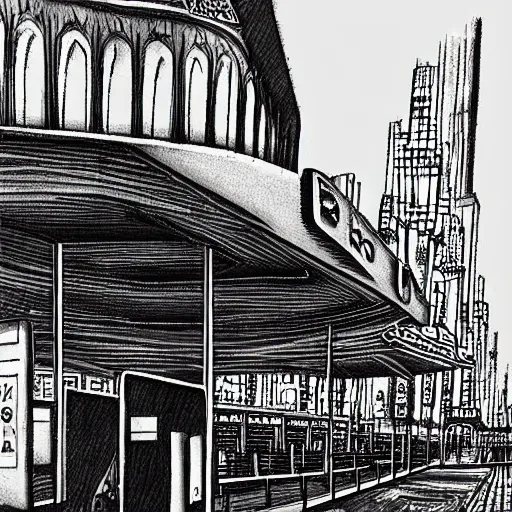 Image similar to dark city bus stop, by kentaro miura,black and white, very detailed, ArtStation