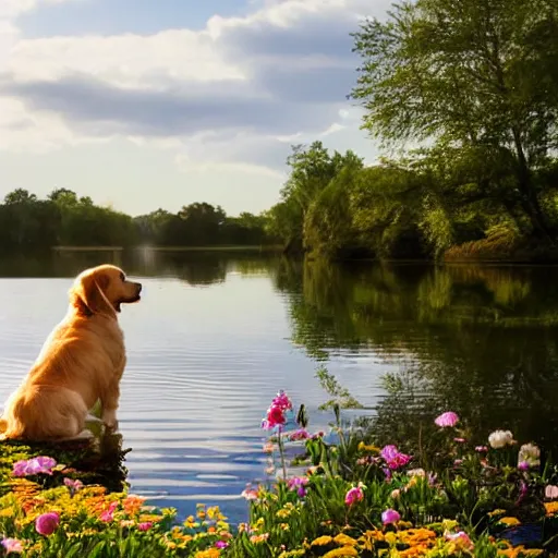 Image similar to a golden retriever puppy riding on the back of a swan, near a pond, flowers everywhere, golden hour, beautiful landscape,