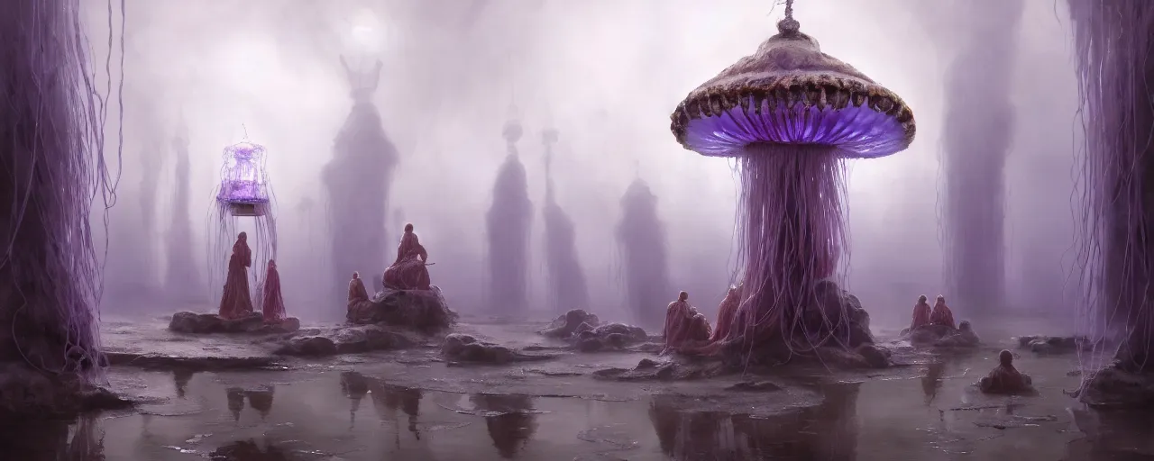 Image similar to A painting of priestesses worshipping at the jellyfish temple, shrouded in mist, jellyfish god, 8K, illustration, by Craig Mullins, smoke, cinematic, insanely detailed and intricate, hypermaximalist, elegant, super detailed, award-winning, mauve and cyan, mysterious, ancient, ritual, ethereal, trending in cgsociety, artstation HQ, ornate, elite, haunting, matte painting