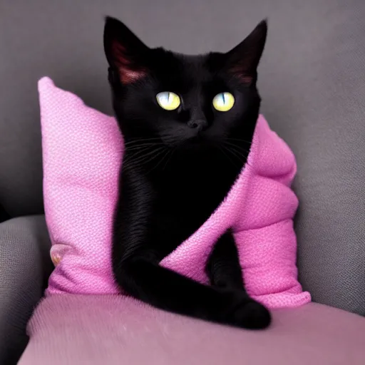 Prompt: Black skinny cat with dark green eyes sleeping on a pink gaming chair on a sakura pillow