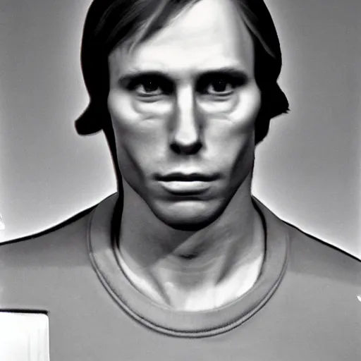 Image similar to A mugshot portrait of a man who looks like Jerma985 with short length wavy hair, a combover and wearing late 1970s menswear in the late 1970s, taken in the late 1970s, grainy, realistic, hyperrealistic, very realistic, highly detailed, very detailed, extremely detailed, detailed, trending on artstation, front facing, front view, headshot and bodyshot, detailed face, very detailed face