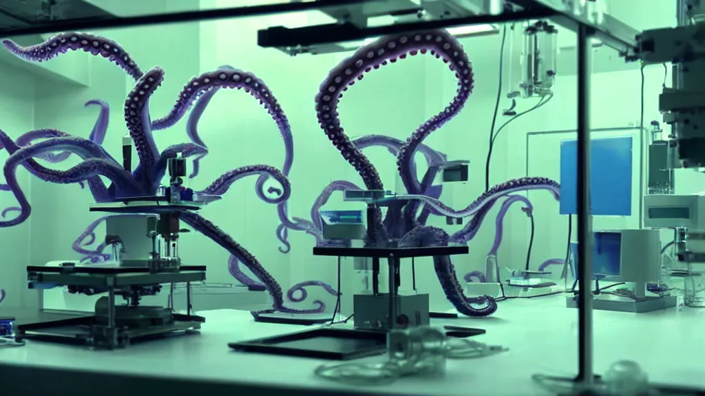 Image similar to a complex mri 3 d printer machine making colorful mutant octopus forms and control panels in the laboratory inspection room, film still from the movie directed by denis villeneuve with art direction by salvador dali, wide lens