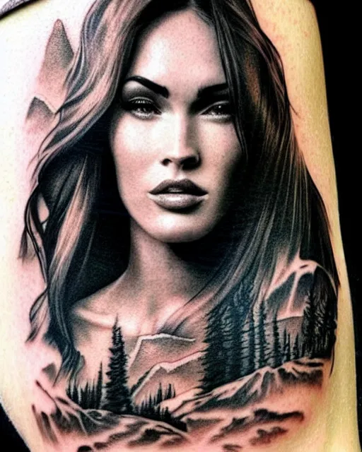 Image similar to realism tattoo design sketch of megan fox face blended with beautiful mountain scenery, in the style of dan mountford, double exposure, hyper realistic, amazing detail, black and white