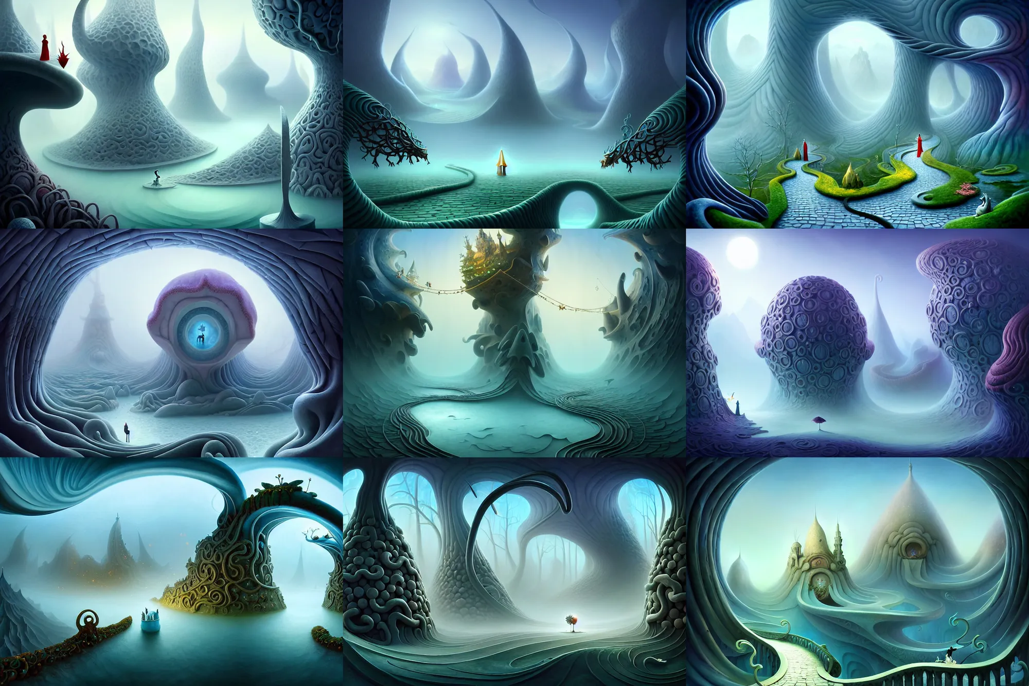 Prompt: an epic elite beguiling mysterious whimsical masterpiece fantasy matte painting of a winding path through arctic dream worlds with surreal architecture designed by heironymous bosch, structures inspired by heironymous bosch's garden of earthly delights, surreal ice interiors by cyril rolando and asher durand and natalie shau and cyril rolando, insanely detailed and intricate, very complex, elegant