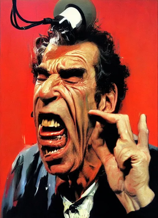 Image similar to 'kramer!! michael richards holding microphone screaming, pointing, enraged, painting by phil hale, 'action lines'!!!, graphic style, visible brushstrokes, motion blur, blurry