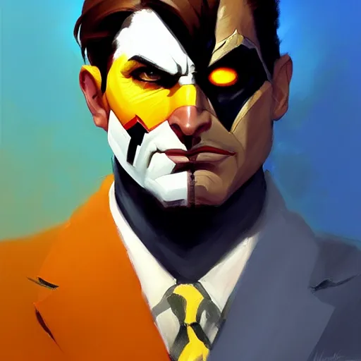 Image similar to Greg Manchess portrait painting of two face as Overwatch character, medium shot, asymmetrical, profile picture, Organic Painting, sunny day, Matte Painting, bold shapes, hard edges, street art, trending on artstation, by Huang Guangjian and Gil Elvgren and Sachin Teng