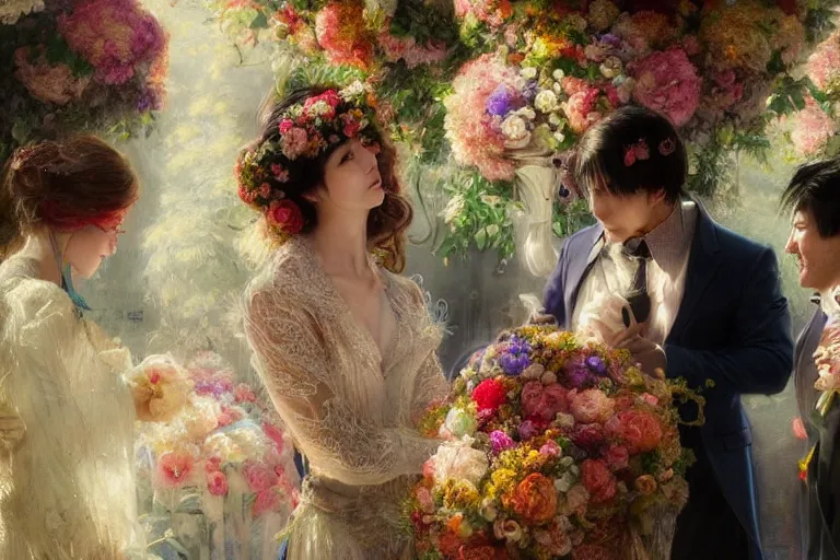 Image similar to the groom look at the bride at a wedding full of flowers, bright and happy, dreamlike art, highly detail, 4 k realistic, wedding photoy krenz cushart, artem demura, yoji shinkawa artgerm, jon lothian, danilo torres. adi meyers. thomas reimann. gaston bussiere.