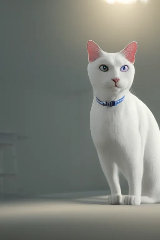 Image similar to a white cat with blue eyes wearing a red formal overcoat, hyperrealistic, concept art, octane render, unreal engine 5, realistic and defined face, profile picture, digital art, pixar and disney style, symmetrical, high quality, highly detailed, high coherence, path traced, house background, low contrast, beautiful