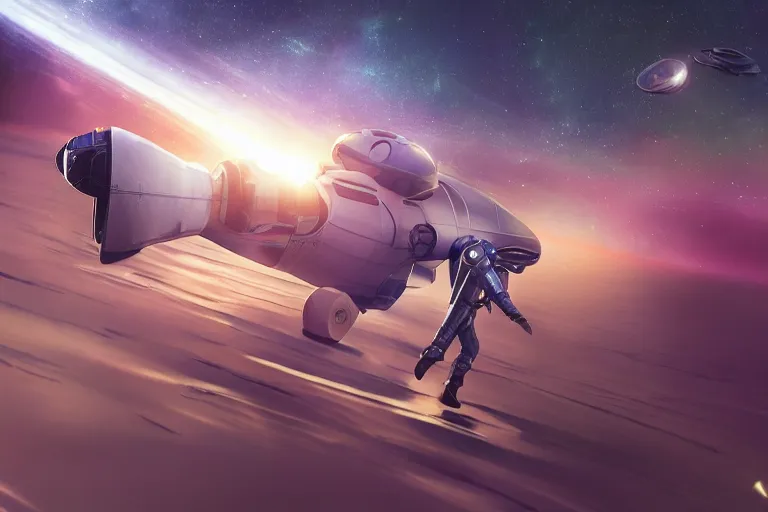 Image similar to astronaut chasing a distant spaceship Anime, wide angle, fine details, cinematic. galaxy starscape. realistic shaded lighting by Ilya Kuvshinov Giuseppe Dangelico Pino and Michael Garmash and Rob Rey greg rutkowski, octane render, IAMAG premiere, aaaa achievement collection, elegant freckles, cinematic hologram, fabulous, daily deviation, annual award winner