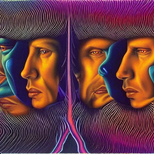 Prompt: a hyperrealistic painting of pink floyd by Alex Grey,