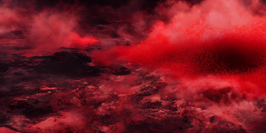 Image similar to a churning, boiling red sea with lots of smoky black and red steam, fantasy digital art, octane render, beautiful composition, trending on artstation, award-winning photograph, masterpiece