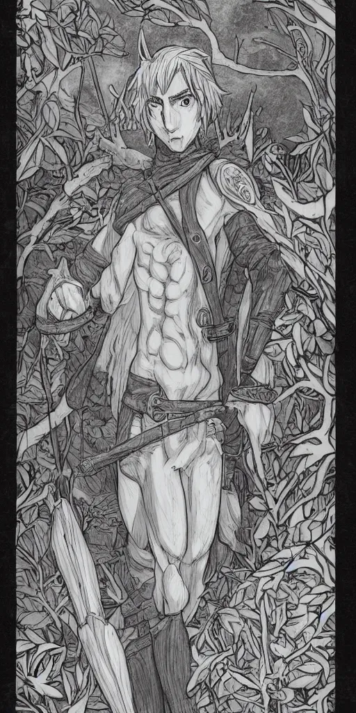 Prompt: an wood elf boy getting ready for an high fantasy adventure on the mountain side, anime style, tarot card, Tarot card the fool, intricate detail, fine line work