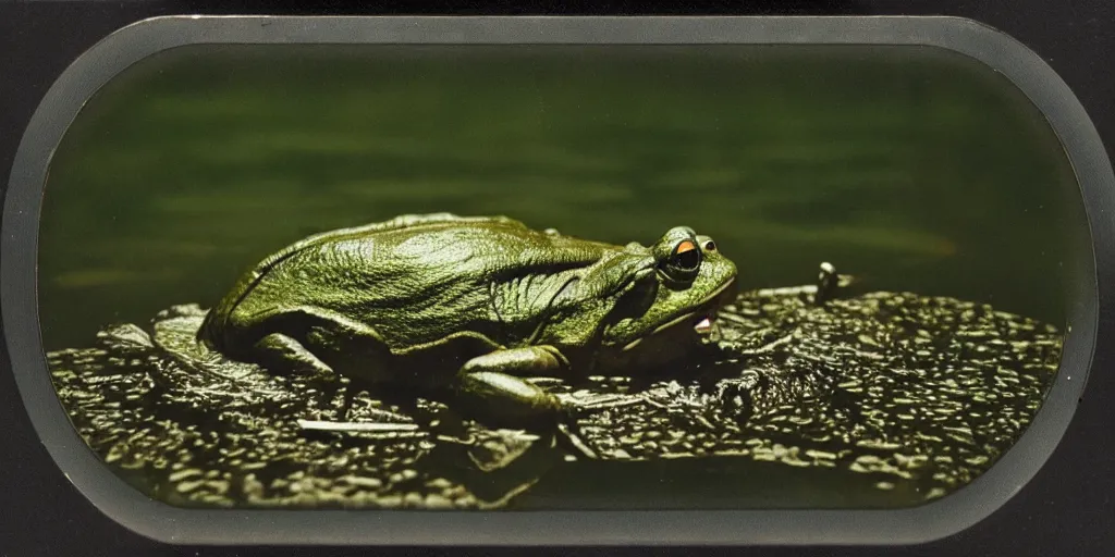 Prompt: detailed medium format photo, polaroid still from tarkovsky movie, of a large bullfrog sitting on a lilly pad in a murky swamp smoking a cigarette, haze, high production value, intricate details, 8 k resolution, hyperrealistic, hdr, photorealistic, high definition, tehnicolor, award - winning photography, masterpiece, amazing colors