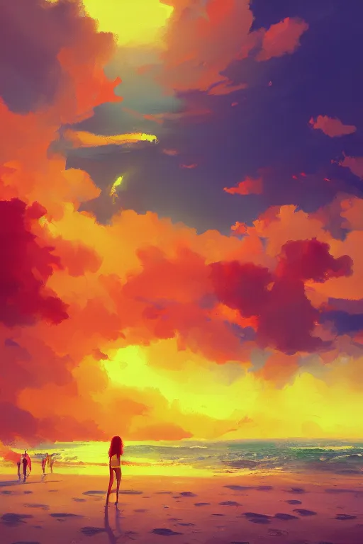 Image similar to red haired girl, bikini, crowded beach surreal photography, sunrise, dramatic light, impressionist painting, colorful clouds, digital painting, artstation, simon stalenhag
