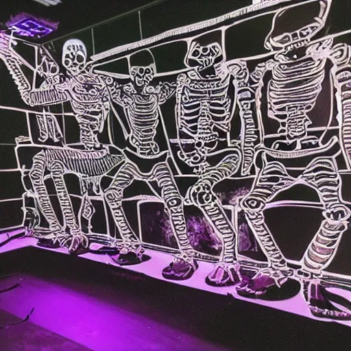Prompt: skeletons with headphones playing synthesizers, honeycomb walls, D&D, lights, lasers, music, highly detailed, realistic, technology and magic,