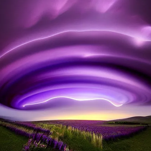 Image similar to amazing photo of a purple tornado in the shape of a funnel in the sky by marc adamus, digital art, beautiful dramatic lighting