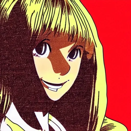 Prompt: still of France Gall in a 1960s anime, cel animation, in the style of Takahashi Macoto, very detailed, trending on tumblr