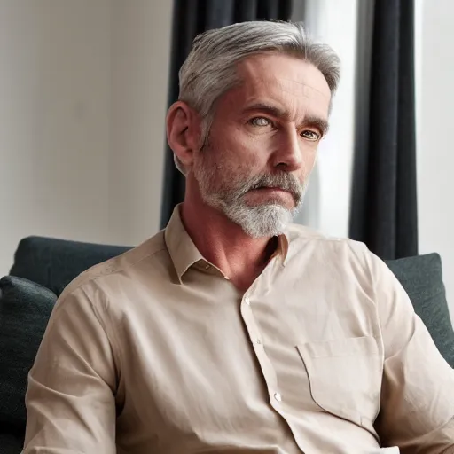 Image similar to full body photo of steve, mature male, mysterious face. he is sitting gracefully on a sofa, elegant slim beige shirt, tight shirt, big pumped belly