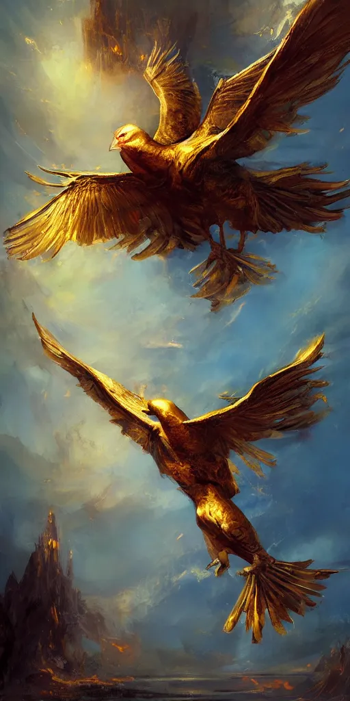 Prompt: a painting of a golden bird flying through the sky, poster art by raymond swanland, deviantart, fantasy art, christian, deviantart, mystical