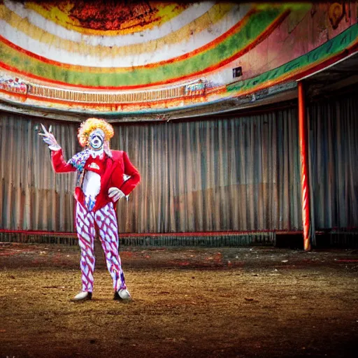 Image similar to abandoned circus, there is one clown in the middle of the stage, photograph, 50mm