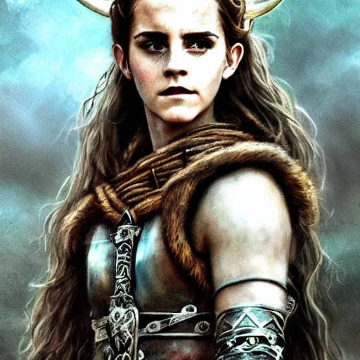 Image similar to Official photo of Emma Watson as a majestic fierce viking woman, leader, fear, scarred, highly detailed, viking attire, cinematic, 8k, 1080s, by Stanley Artgermm, Tom Bagshaw, Greg Rutkowski, Vincent di Fate, Carne Griffiths, Ayami Kojima, trending on DeviantArt, hyper detailed, full of color, digital art,