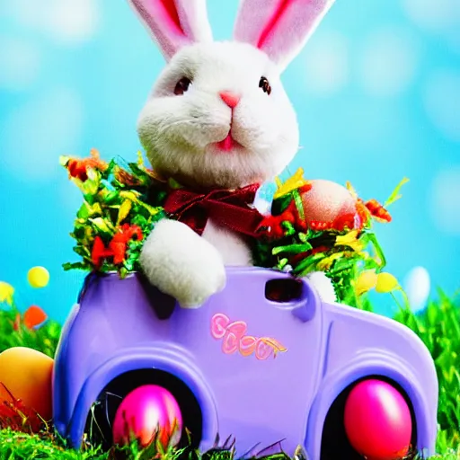 Image similar to easter bunny riding a convertible, studio photo, high quality