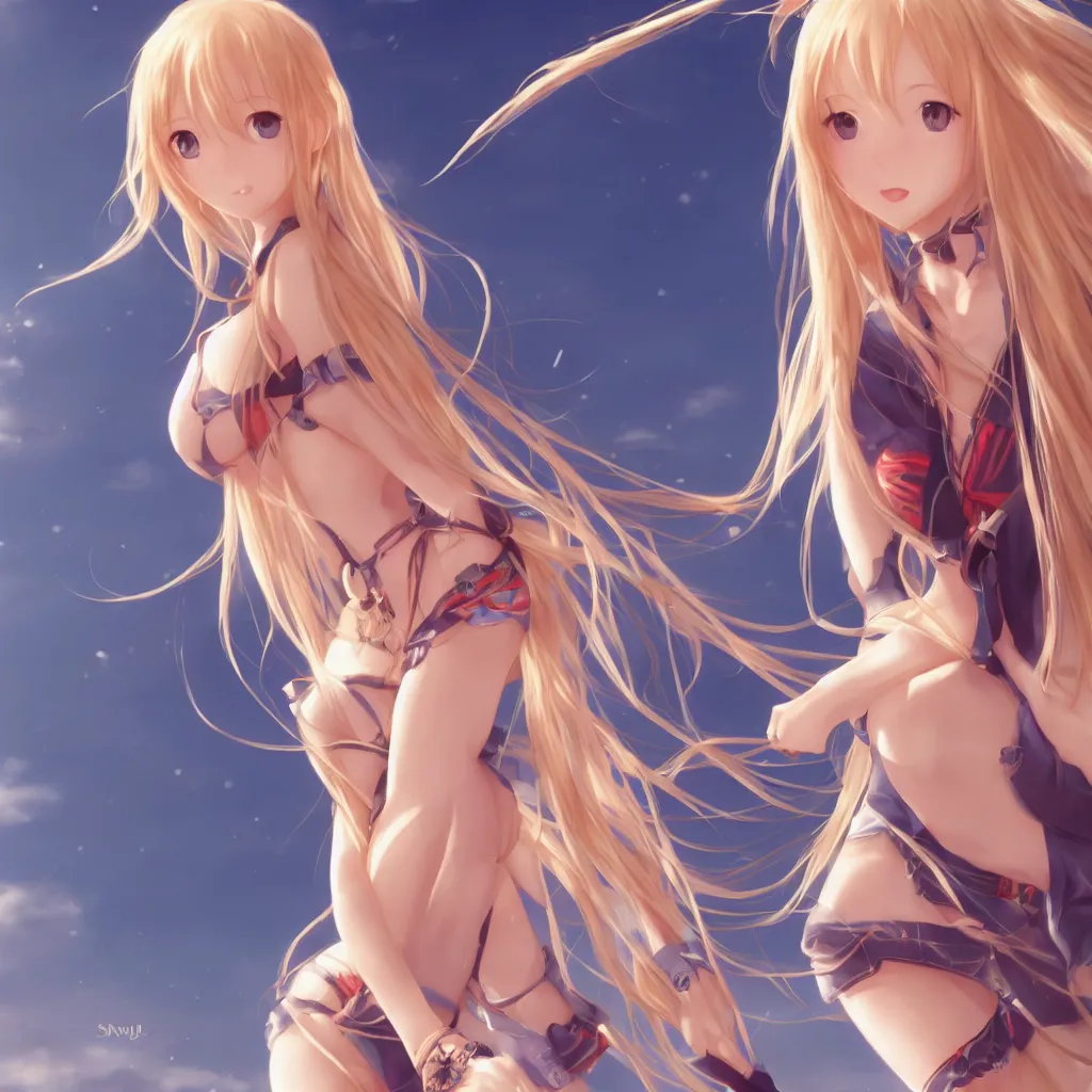 Image similar to a very beautiful young yuuki asuna, full body, long wavy blond hair, sky blue eyes, full round face,, bikini, miniskirt, front view, mid - shot, highly detailed, cinematic wallpaper by stanley artgerm lau