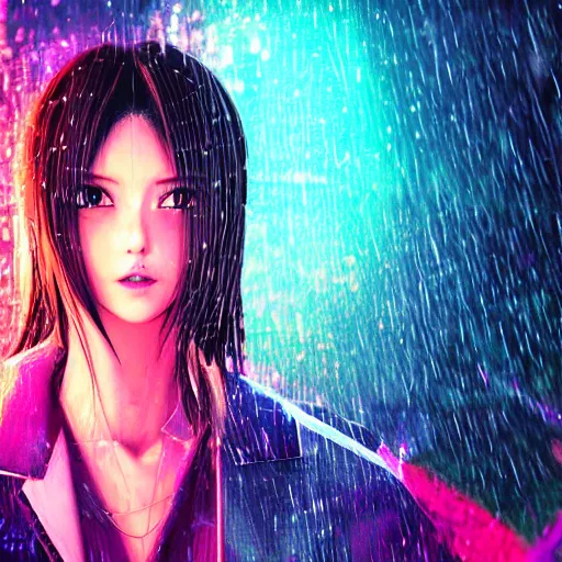 Prompt: anime woman portrait made out of rain, beautiful, stylish suit, cyberpunk background, neon, rendered in octane, unreal engine, matte painting, sharp focus, trending on artstation, futuristic, space